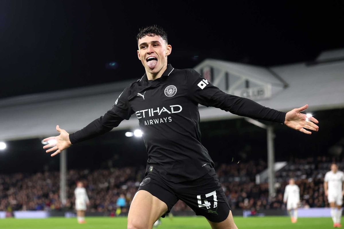 Phil Foden of Manchester City celebrates scoring his sides fourth goal during the Premier League match between Fulham and Manchester City at Craven Cottage on December 02, 2025 in London, England