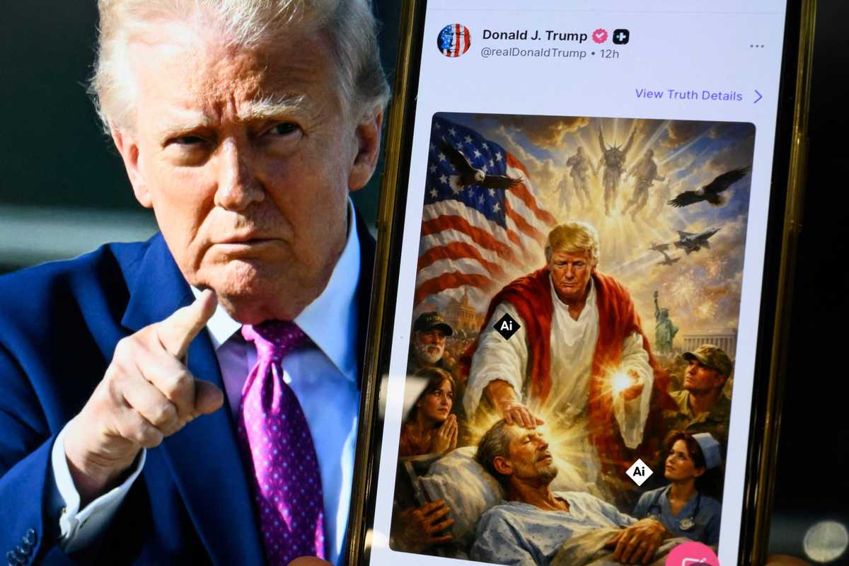 Photo illustration shows a picture of US President Donald Trump on a screen and an AI-generated picture he posted on his Truth Social platform depicting himself as Jesus Christ.