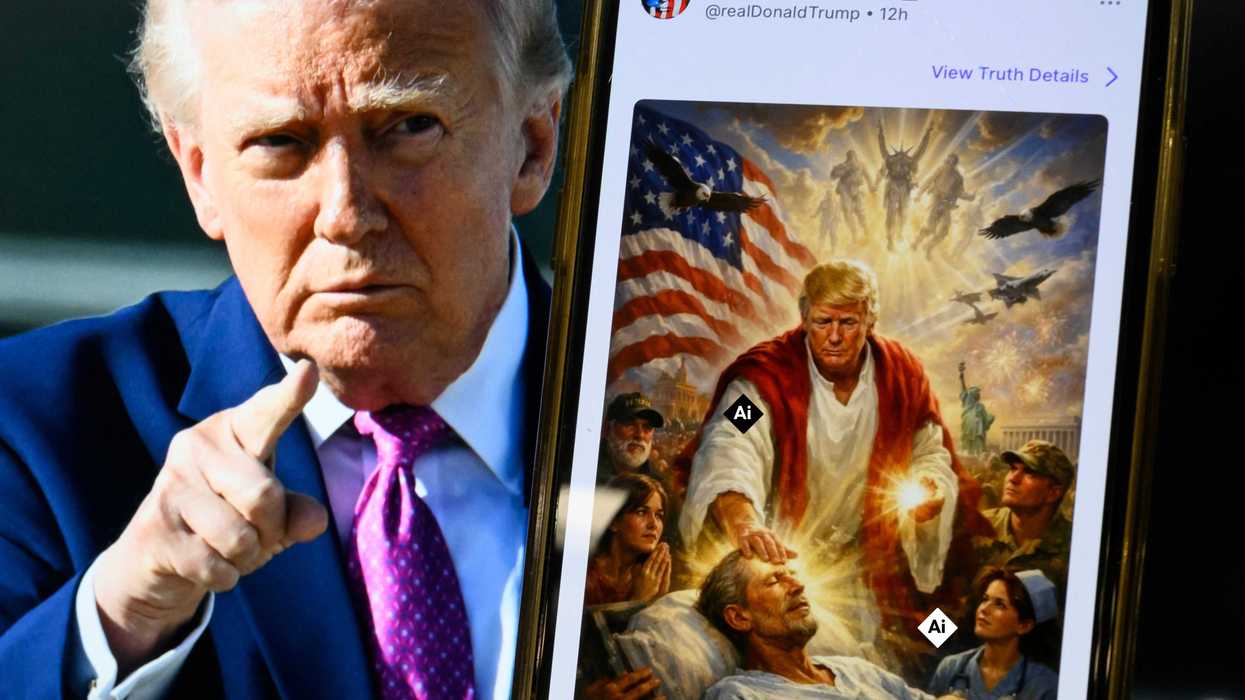 Photo illustration shows a picture of US President Donald Trump on a screen and an AI-generated picture he posted on his Truth Social platform depicting himself as Jesus Christ.