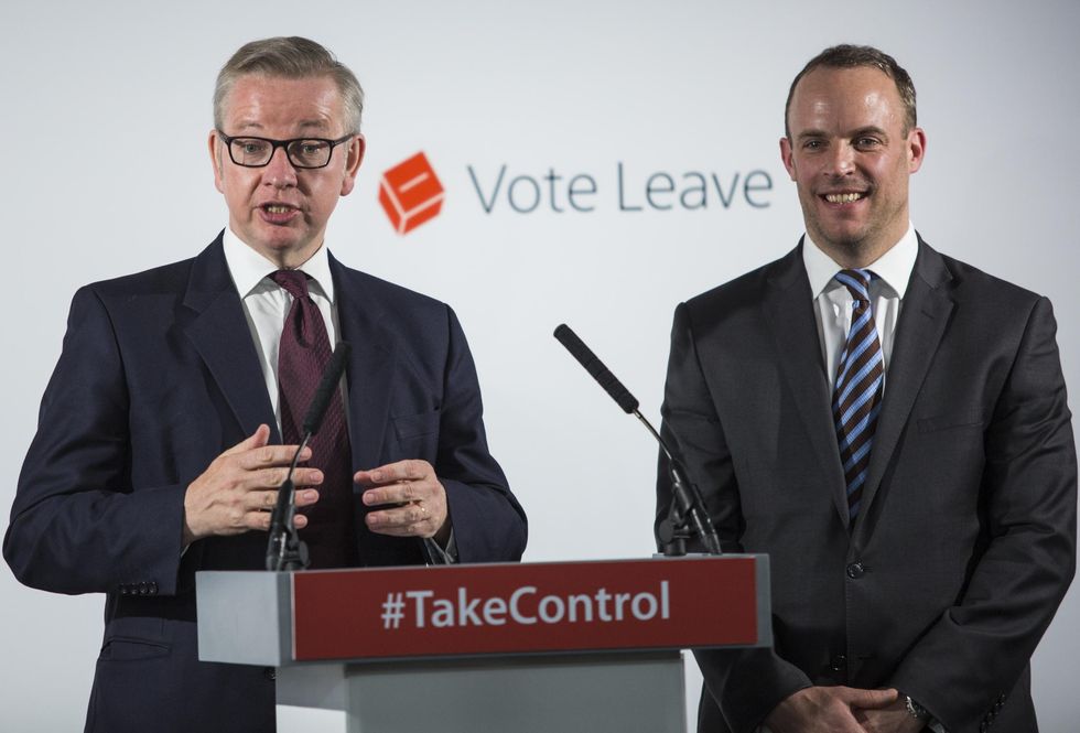 Picture: Michael Gove and then-justice minister Dominic Raab respond to questions from the audience following a speech at the 'Vote Leave' campaign headquarters in Westminster on June 8, 2016.