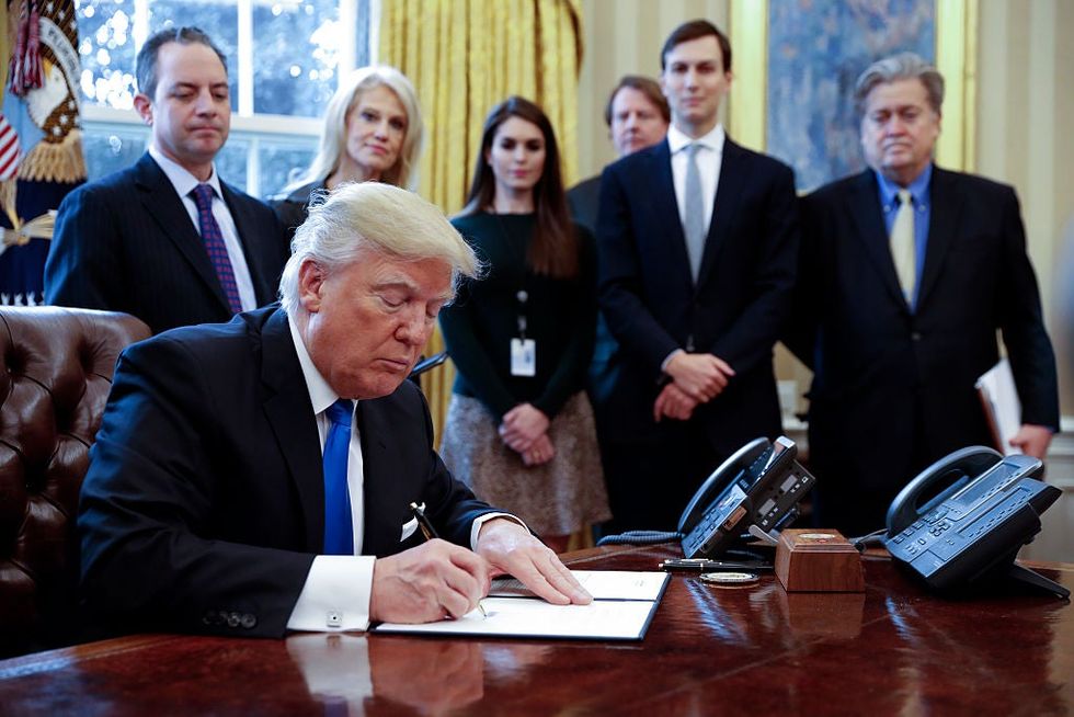 Pipeline dream (left to right): White House Chief of Staff Reince Priebus, counselor to the President Kellyanne Conway, White House Communications Director Hope Hicks, Senior Advisor Jared Kushner (2nd R) and Senior Counselor Stephen Bannon.