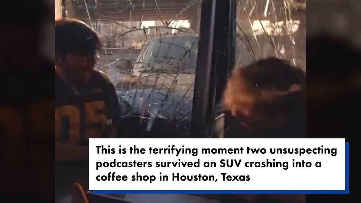 Footage captures scary moment car crashes into a podcast while they were recording