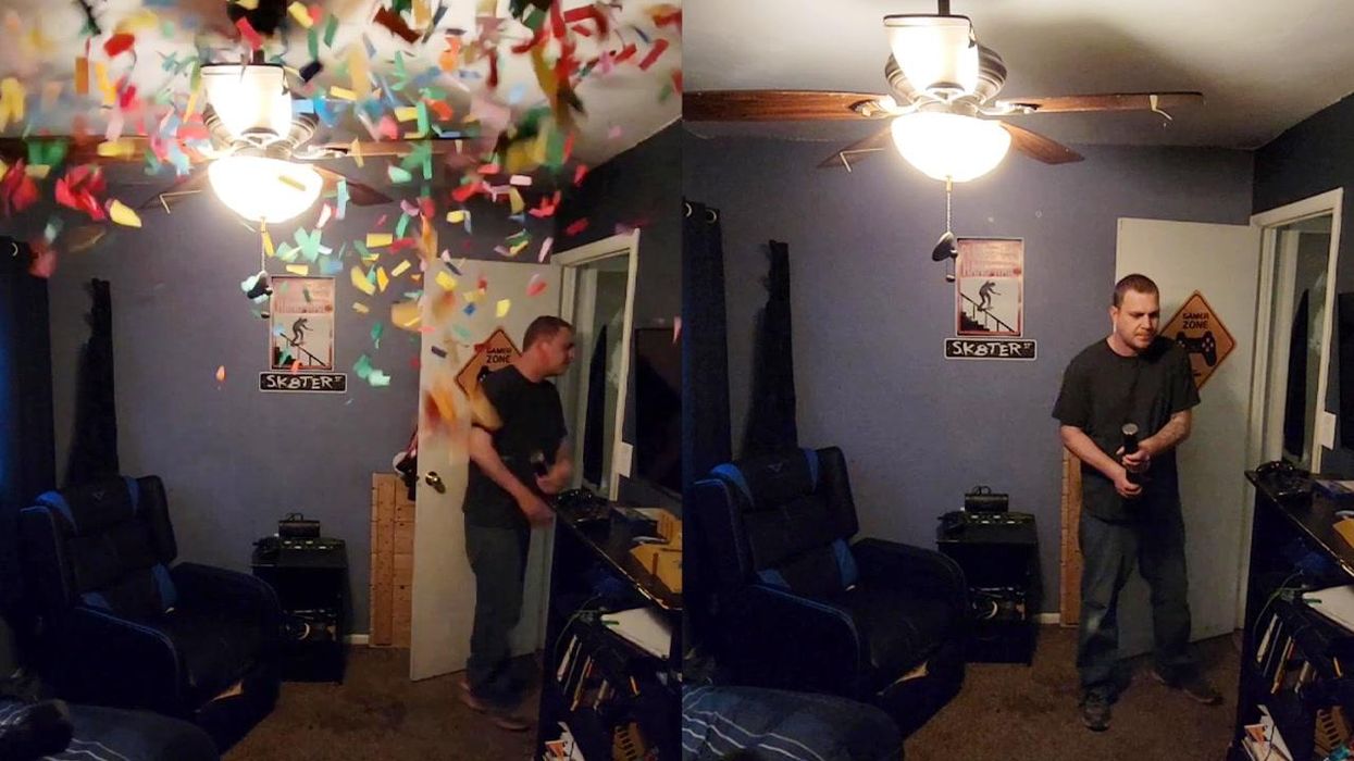 Prankster dad ruins son's freshly-cleaned room by letting off confetti cannon
