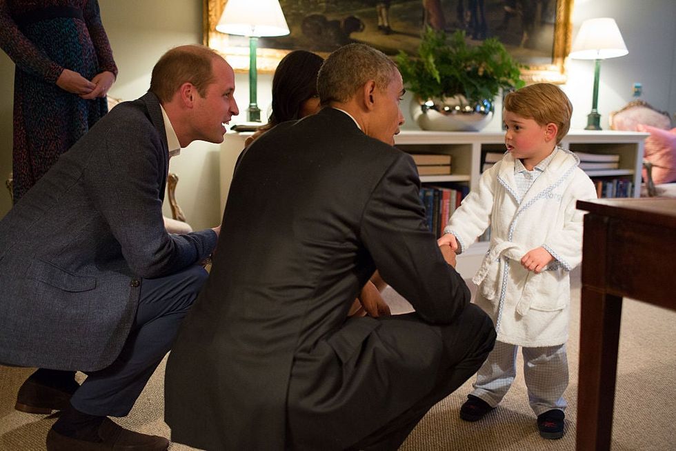 Prince William, Duke of Cambridge and President Obama with Prince George at Kensington Palace, London, 2016