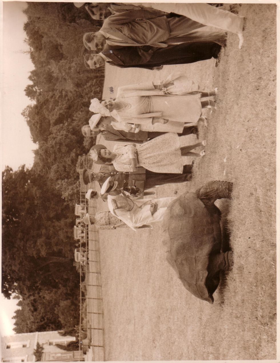 Princess Elizabeth, Princess Margaret and George VI and Queen Elizabeth with the tortoise in 1947