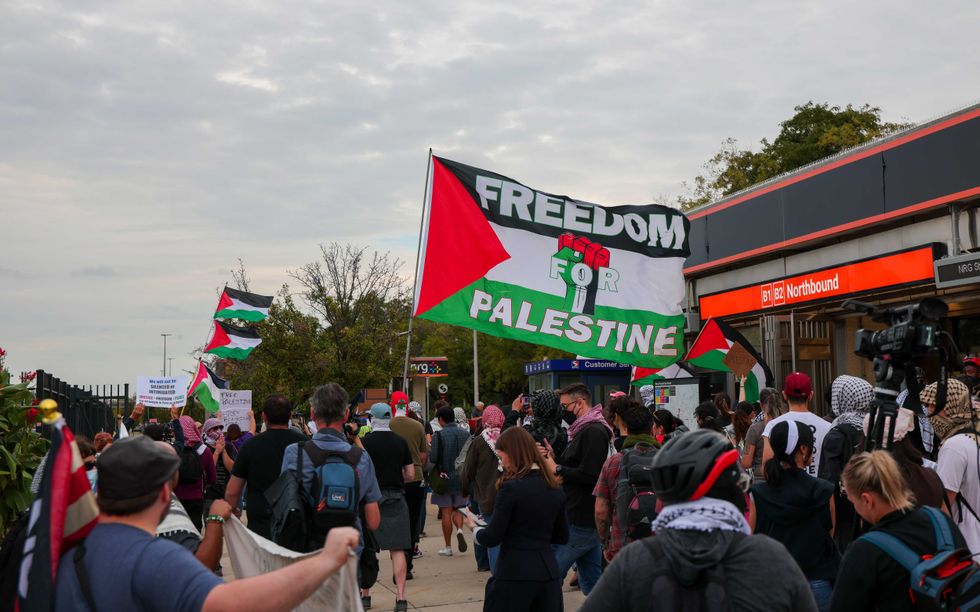 Pro-Palestinian protestors demonstrate outside of NRG Station prior to the Ed Sheeran Concert at Lincoln Financial Field on September 19, 2026 in Philadelphia, Pennsylvania