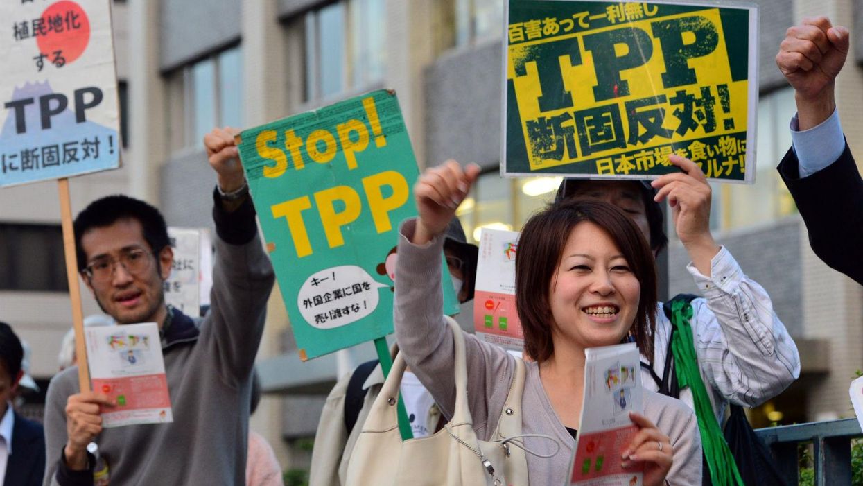 Protestors at a rally against the Trans-Pacific Partnership trade deal in Tokyo  in May 2014.