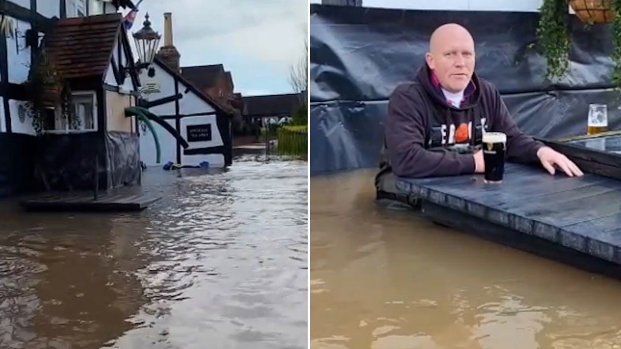 Pub owner enjoys pint in waist-high flood water following Storm Henk