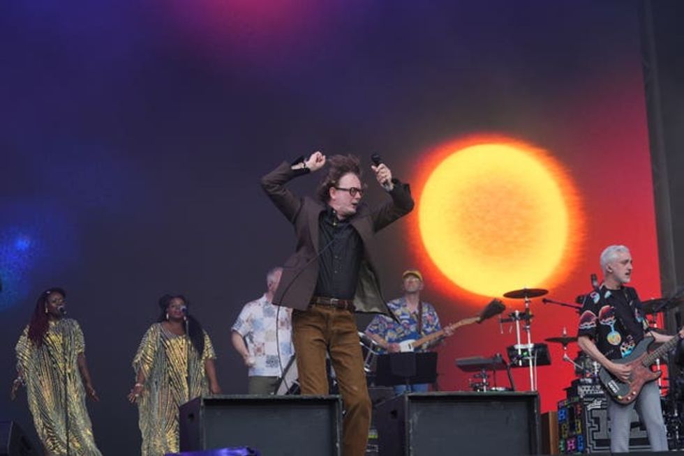 Pulp performing on the Pyramid Stage during the Glastonbury Festival at Worthy Farm in Somerset