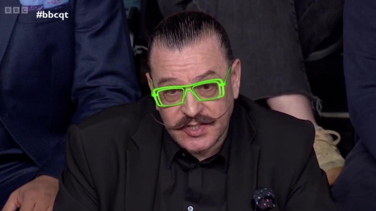 Question Time audience member with handlebar moustache and fluorescent green glasses steals the show