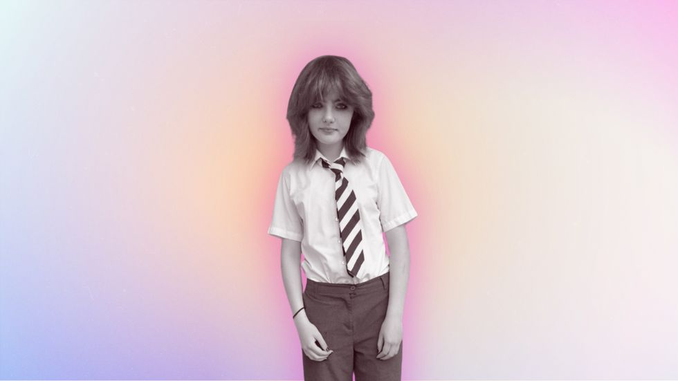 Rebecca Young in school uniform, against a pink and purple background