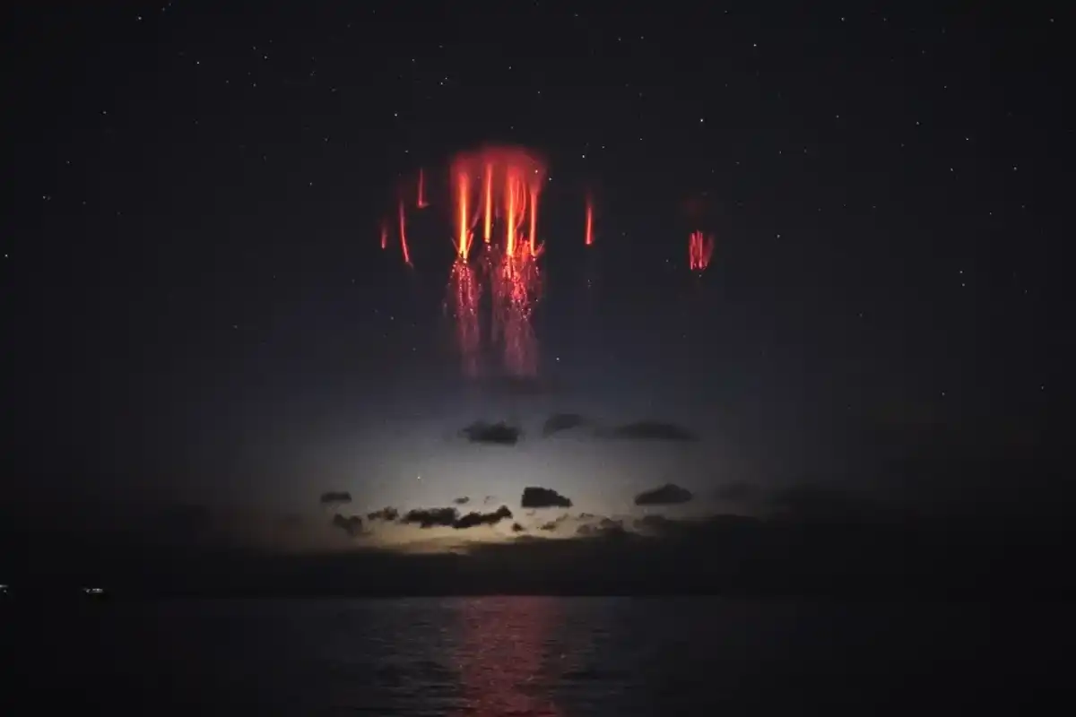 Red sprites pictured from the eastern suburbs of Athens, Greece, following a thunderstorm on December 4, 2021