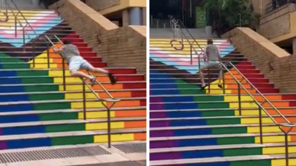 Man mounts and ‘humps’ railings - all to avoid walking on LGBT+ staircase