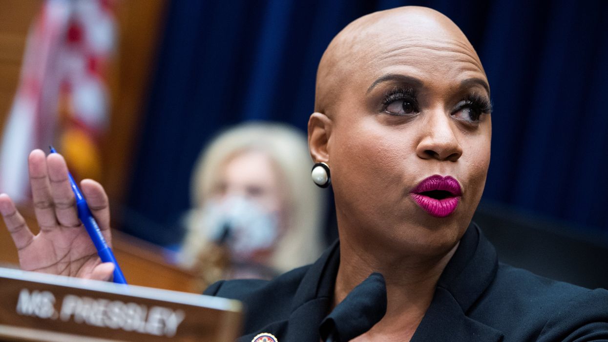 Rep. Ayanna Pressley questions Postmaster General Louis DeJoy during the House Oversight and Reform Committee hearing in Washington