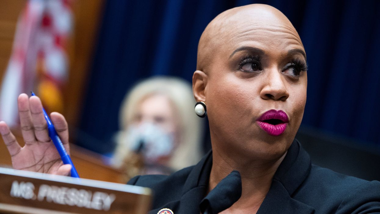 Rep. Ayanna Pressley questions Postmaster General Louis DeJoy during the House Oversight and Reform Committee hearing in Washington
