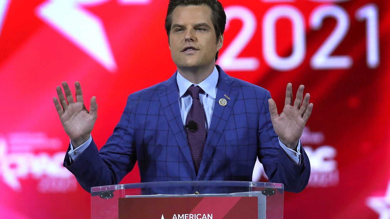 Rep. Matt Gaetz (R-FL) addresses the Conservative Political Action Conference being held in the Hyatt Regency on February 26, 2021