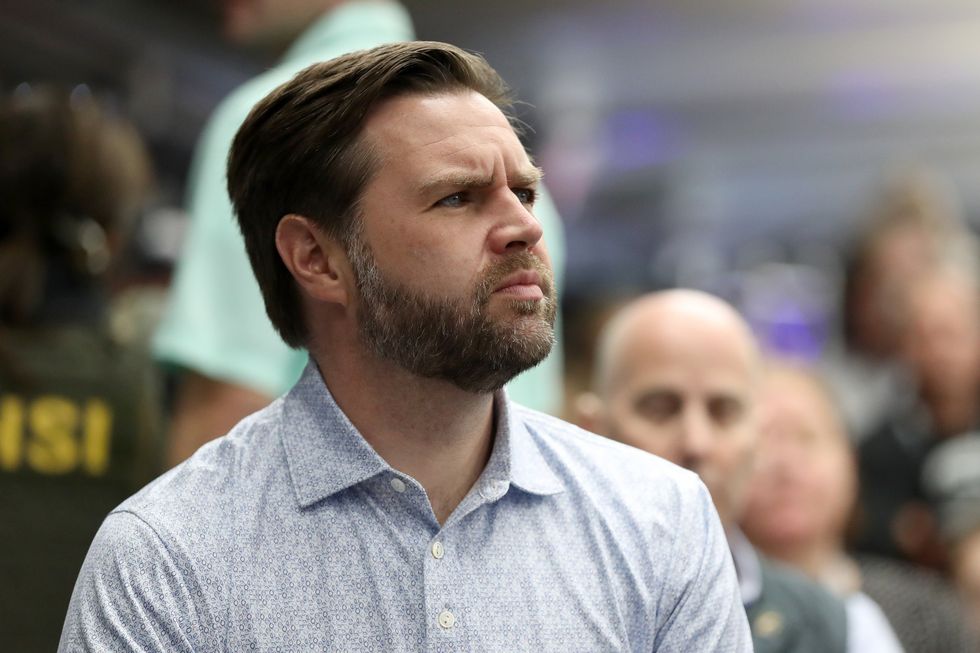 Republican vice presidential nominee, U.S. Sen. J.D. Vance (R-OH) attends the drivers meeting prior to the NASCAR Cup Series Bank of America ROVAL 400 at Charlotte Motor Speedway on October 13, 2024 in Concord, North Carolina