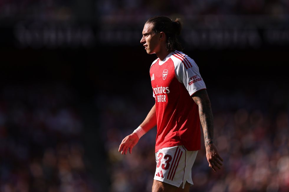 Riccardo Calafiori of Arsenal during the pre-season friendly match between Arsenal and Athletic Club at Emirates Stadium on August 09, 2025 in London, England