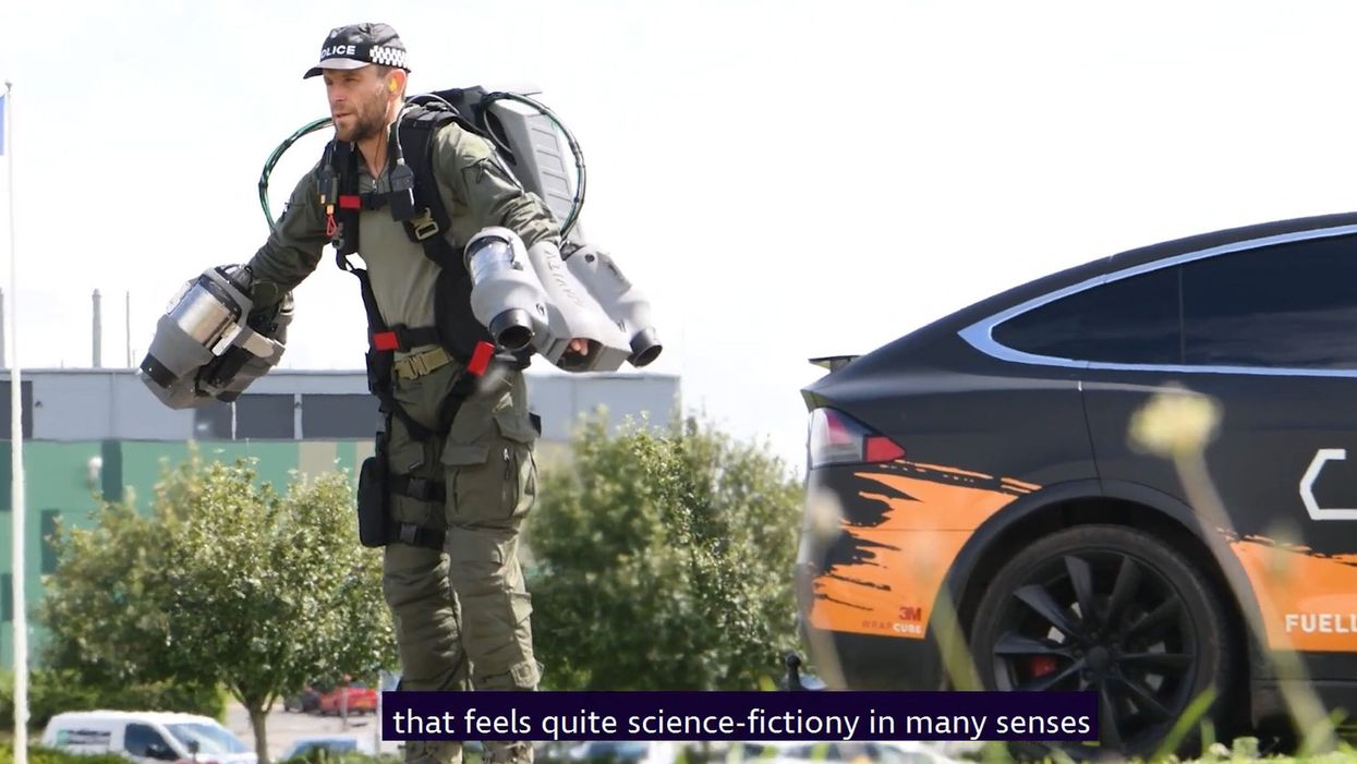 Richard Browning demonstrating Gravity, a human jet suit system, at the Dstl Laboratory based at Porton Down, near Salisbury, Wiltshire (Dstl/PA)