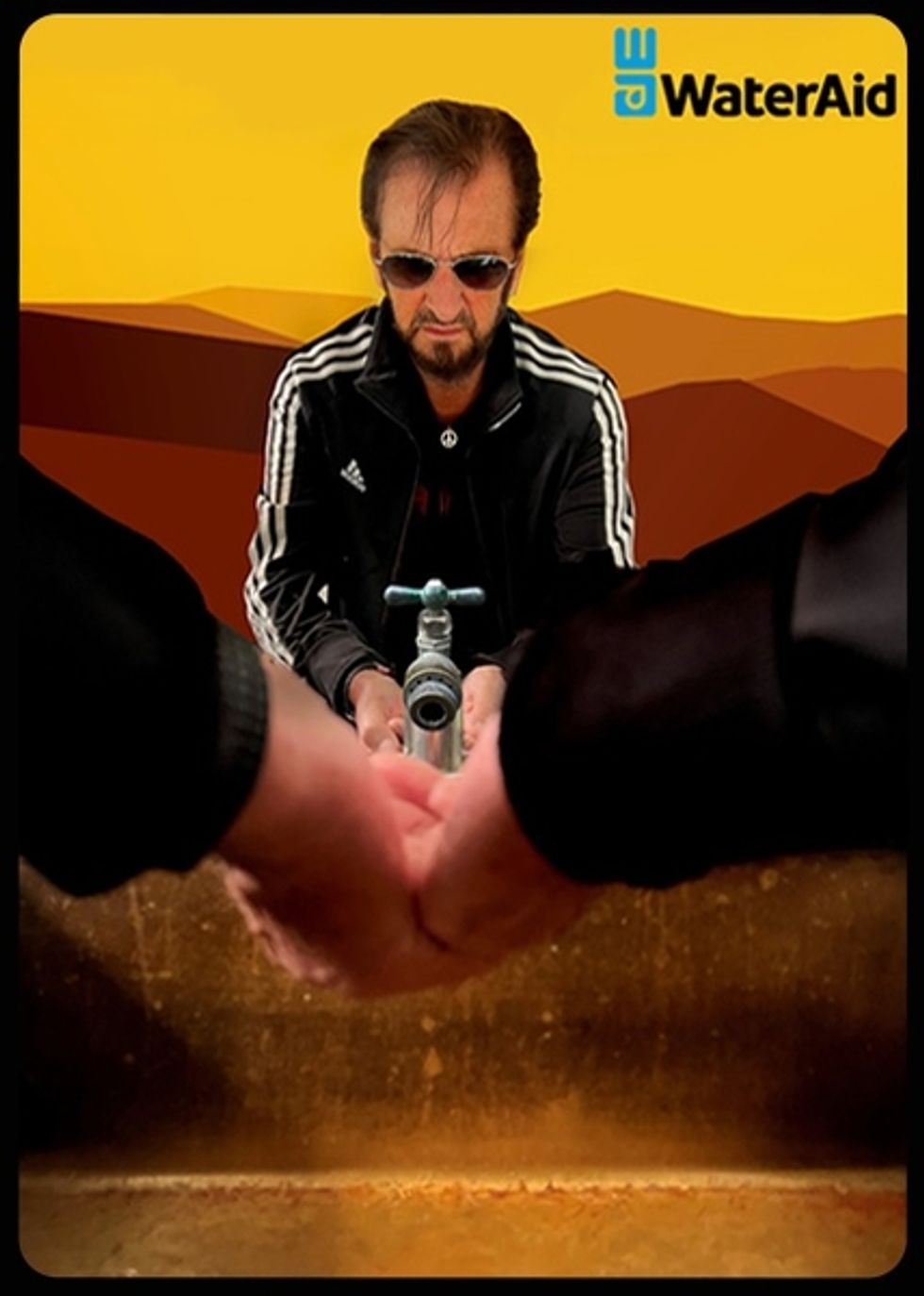 Ringo Starr, a long term WaterAid supporter, designed a postcard showing him at a tap that\u2019s run dry.