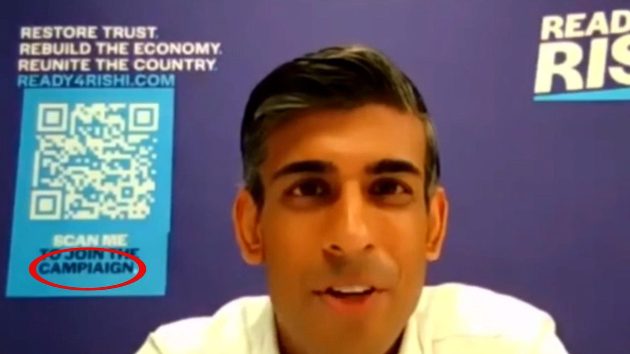 Rishi Sunak says greatest weakness is perfectionism in front of banner with a typo