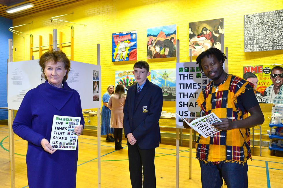 Rois\u00edn McDonough Chief Executive, Arts Council of Northern Ireland, St Colm\u2019s Year 11 pupil Corey Collins and African drumming tutor, Thomas Annang (Arts Council NI/PA)