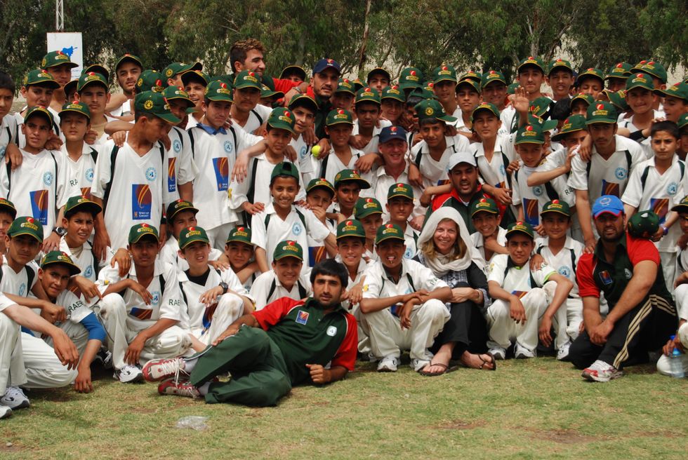 Sarah Fane with cricketers in Afghanistan