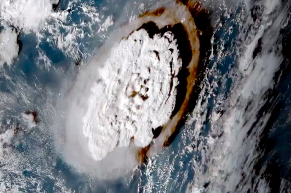 Satellite image captures Tonga\u2019s Hunga volcano erupting. Screengrab