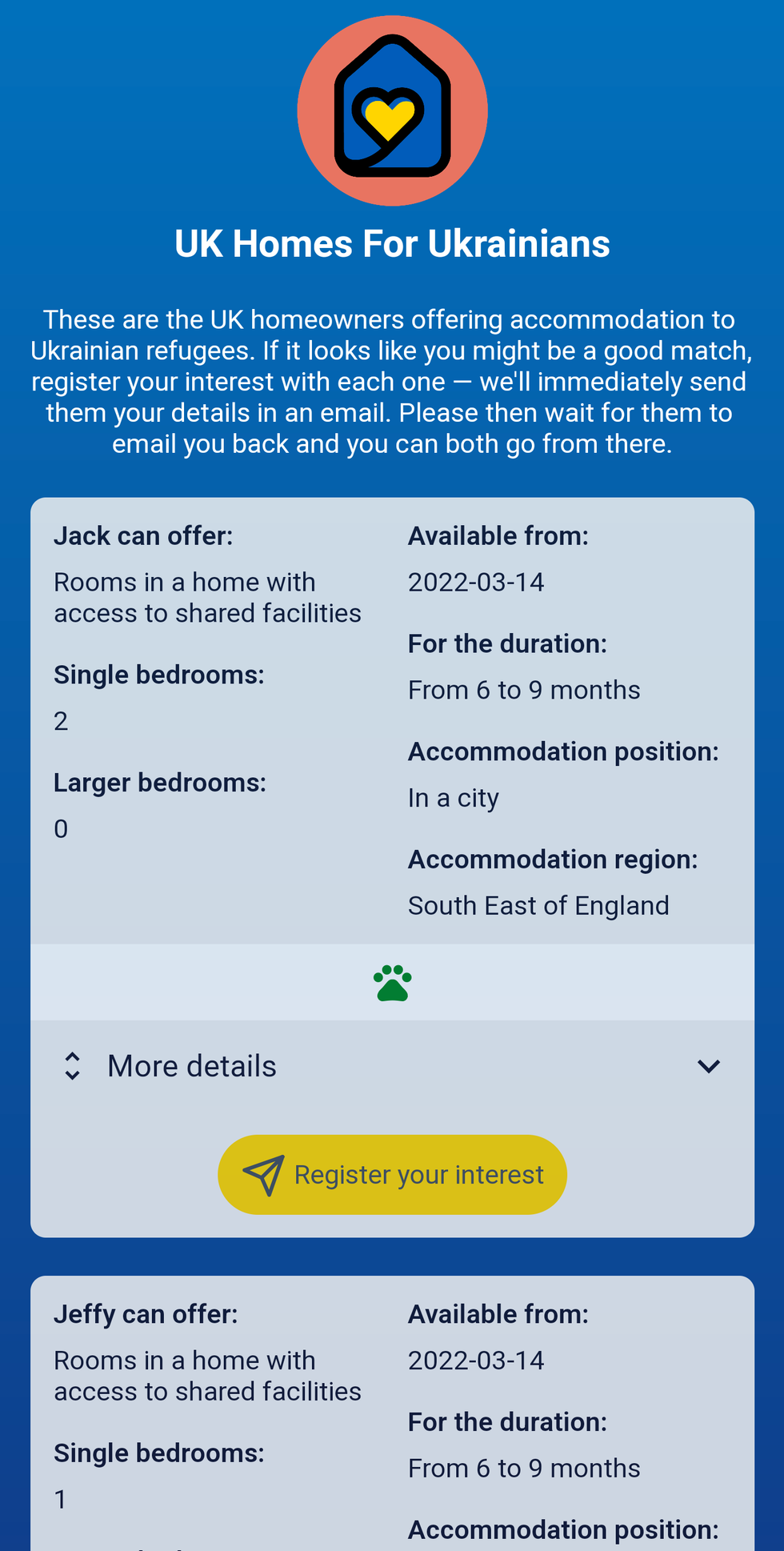 screengrab from the \u2018UK Homes for Ukrainians' platform