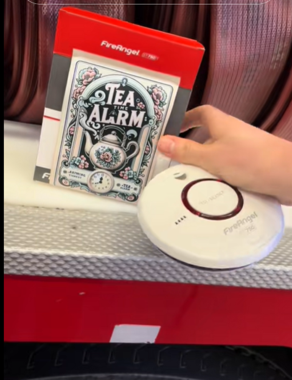Screenshot from the South Yorkshire Fire and Rescue Service TikTok account of an alarm being taken out of a box with the words 'tea alarm'
