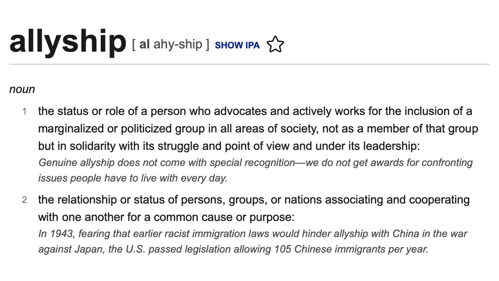 Screenshot of the definition of \u2018allyship\u2019 on Dictionary.com
