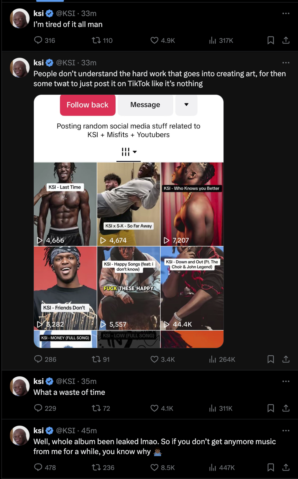 Screenshots of KSI's Tweets about the TikTok leaks