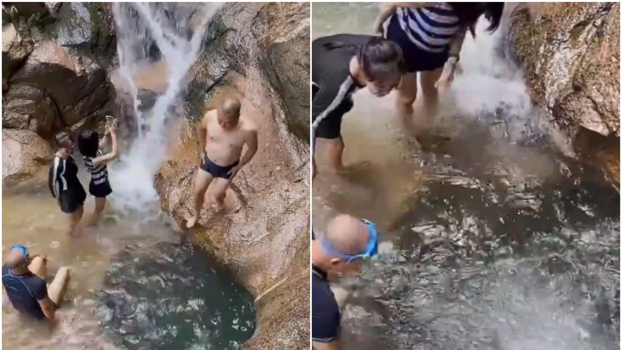 Screenshots of video circulated on social media of man jumping into natural pool and failing to resurface