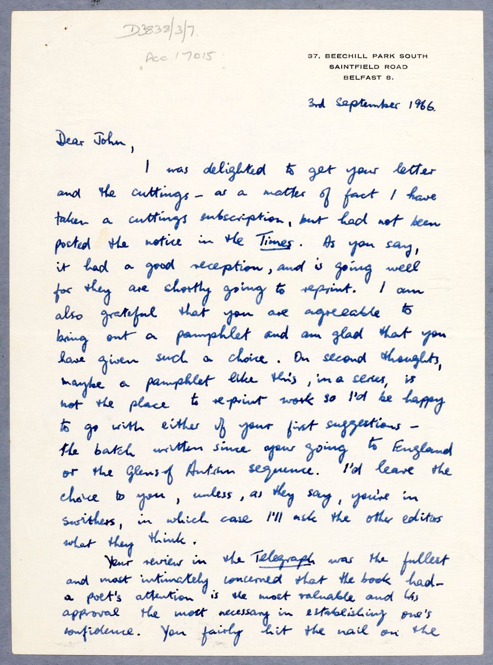 Seamus Heaney\u2019s letter to John Hewitt in September 1966