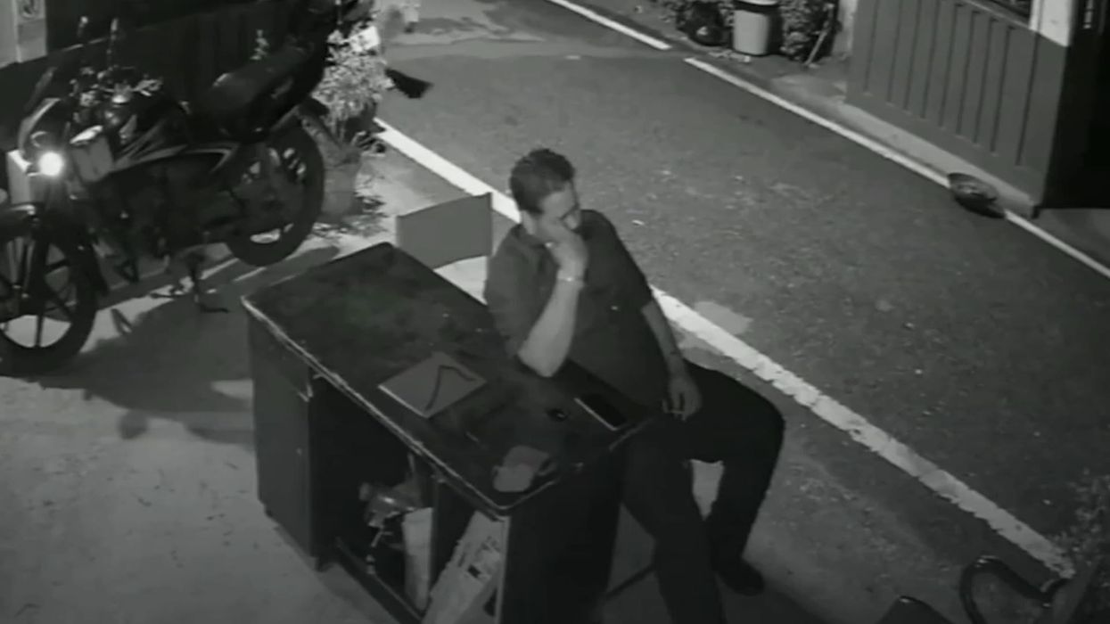 Leopard strolls past napping security guard in tense footage