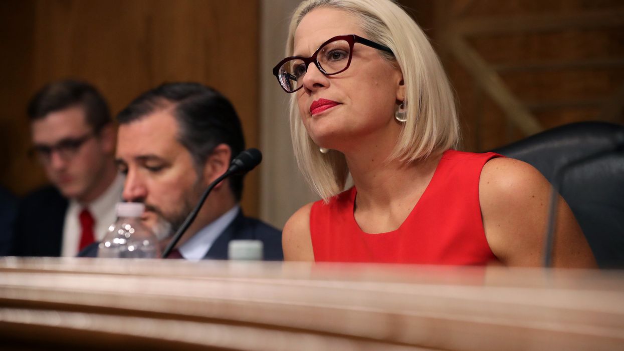 Sen. Kyrsten Sinema questions witnesses during a hearing in the Dirksen Senate Office Building on Capitol Hill on May 14, 2019 in Washington, DC.