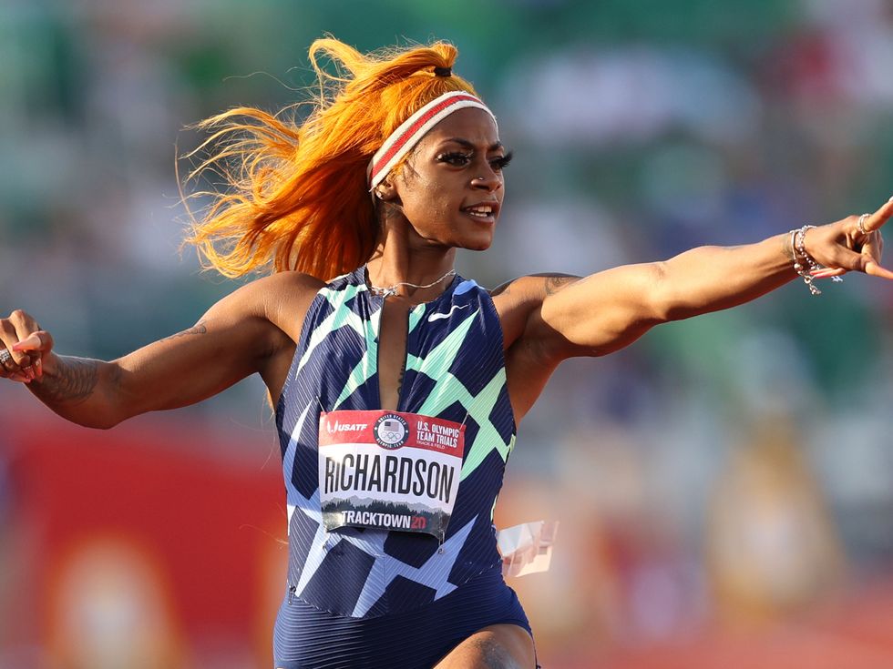 <p> Sha\u2019Carri Richardson at the Women\u2019s 100 Meter semifinal on day 2 of the 2020 US Olympic Track & Field Trials</p>