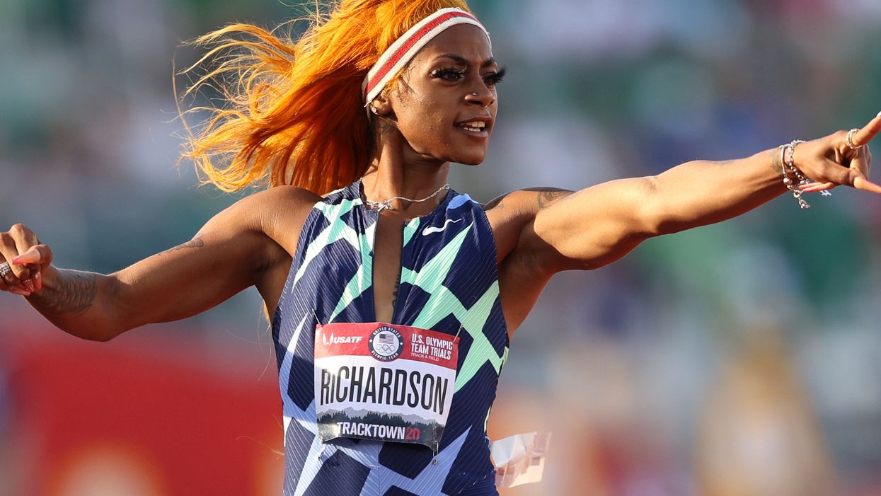 <p> Sha’Carri Richardson at the Women’s 100 Meter semifinal on day 2 of the 2020 US Olympic Track & Field Trials</p>