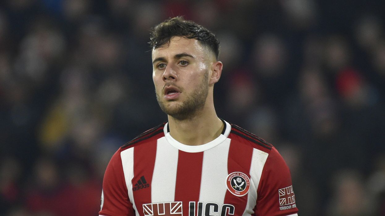Sheffield United's George Baldock during the English Premier League soccer match between Sheffield United and Manchester City at Bramall Lane in Sheffield, England, Tuesday, Jan. 21, 2020