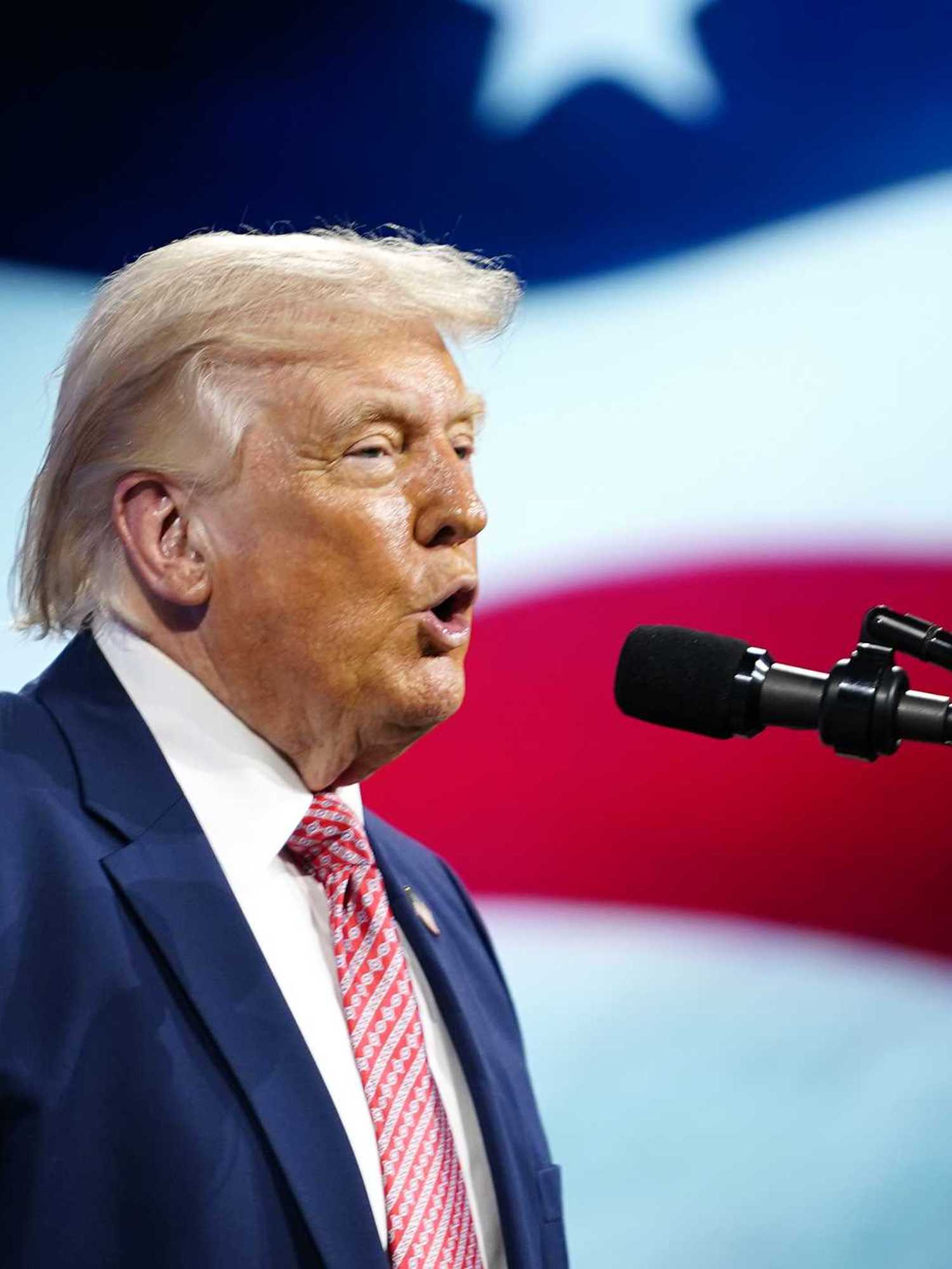 Side shot of Donald Trump speaking into a microphone with a US flag on a screen behind him.
