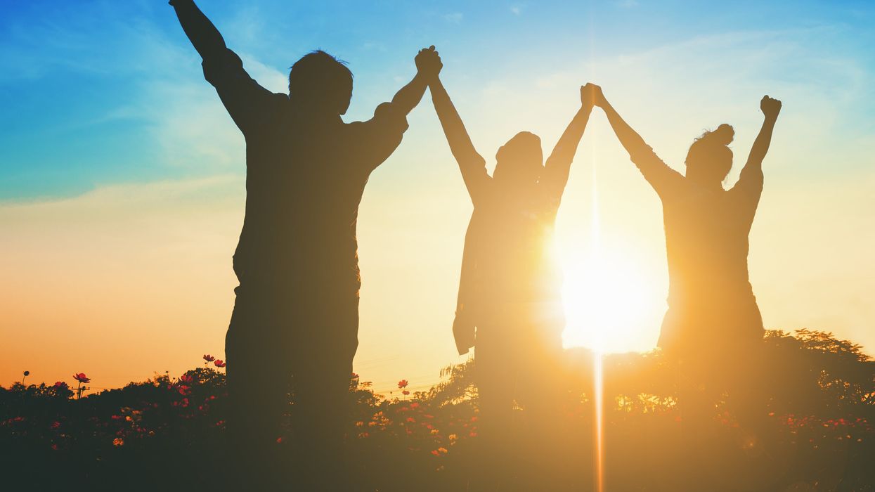 <p>Silhouette of happy success positive teamwork hold hands up as business successful, business victory & celebrate achievement. Accomplish people merger & acquisitions concept.</p>