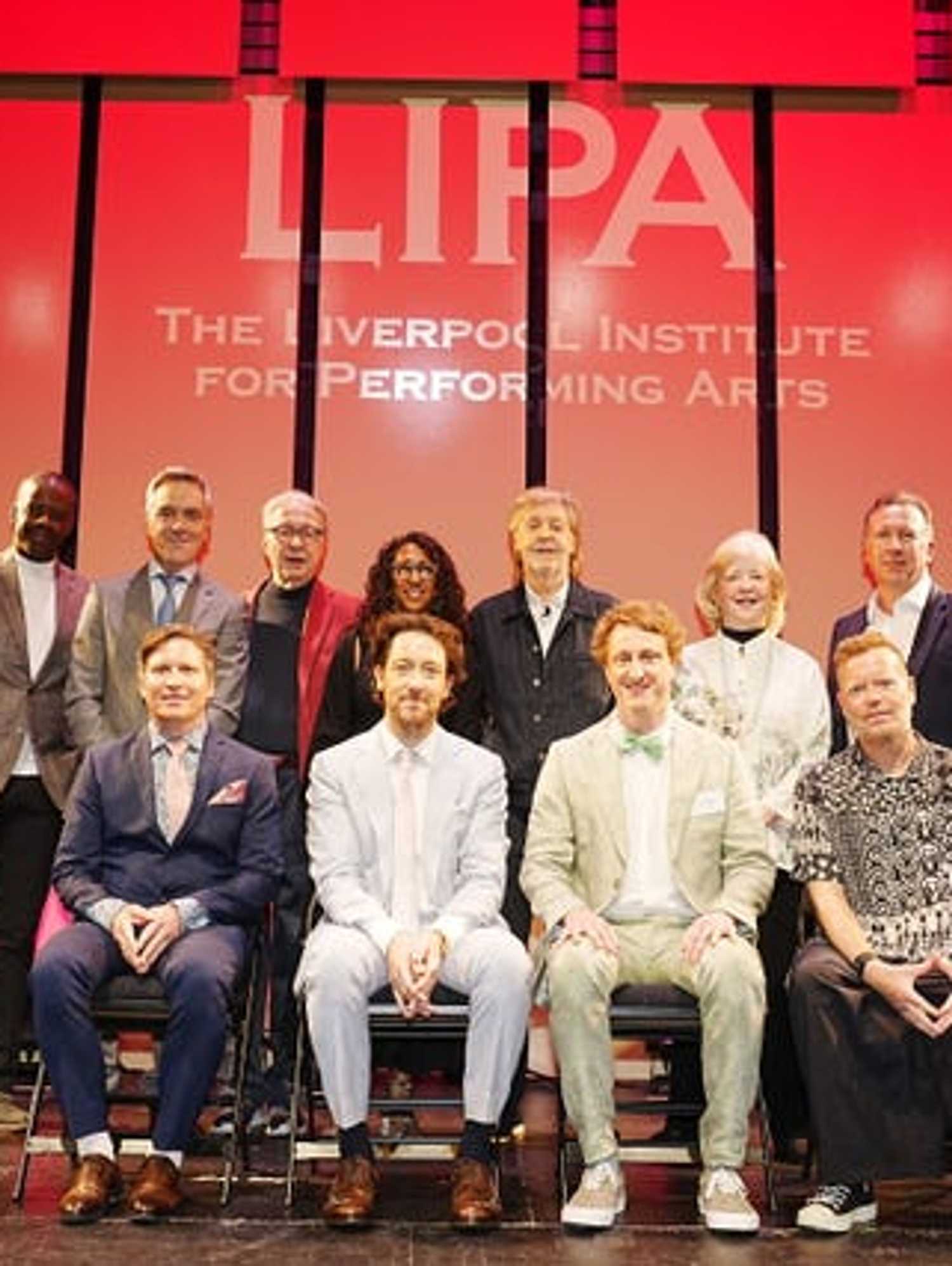 Sir Paul McCartney (back row third right) and his Liverpool Institute for Performing Arts (LIPA) companions for 2025 (back row left to right) Adrian Lester, James Nesbitt, Mark Featherstone-Witty, Sita McIntosh, Gay Linvill and Professor Sean McNamara. (Front row left to right) The Wombats Tord Overland Knudsen, Matthew Murphy and Dan Haggis with Manager Simon Bobbett at the annual graduation ceremony for the LIPA held at Liverpool Philharmonic Hall