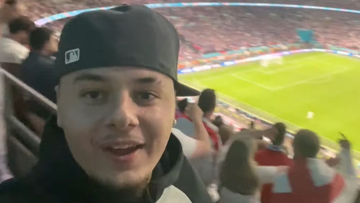 <p>Social media personality J2hundred in the stands at Wembley during England v Italy after sneaking in</p>