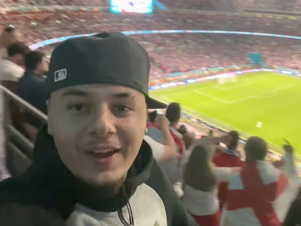 <p>Social media personality J2hundred in the stands at Wembley during England v Italy after sneaking in</p>