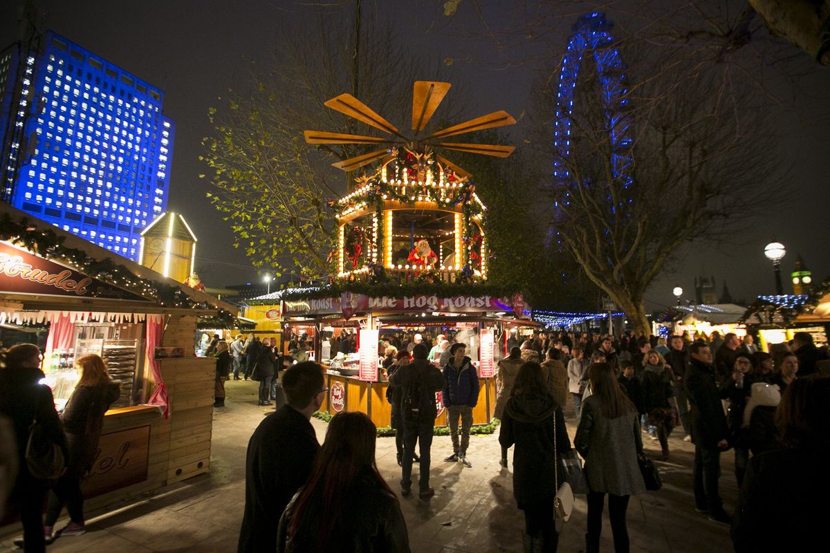 Southbank Christmas market with the London Eye in the background