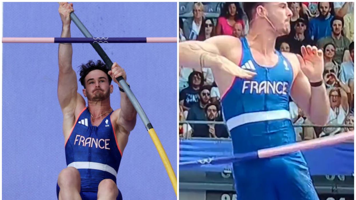 Split image of French athlete Anthony Ammirati performing the pole vault at the Olympics