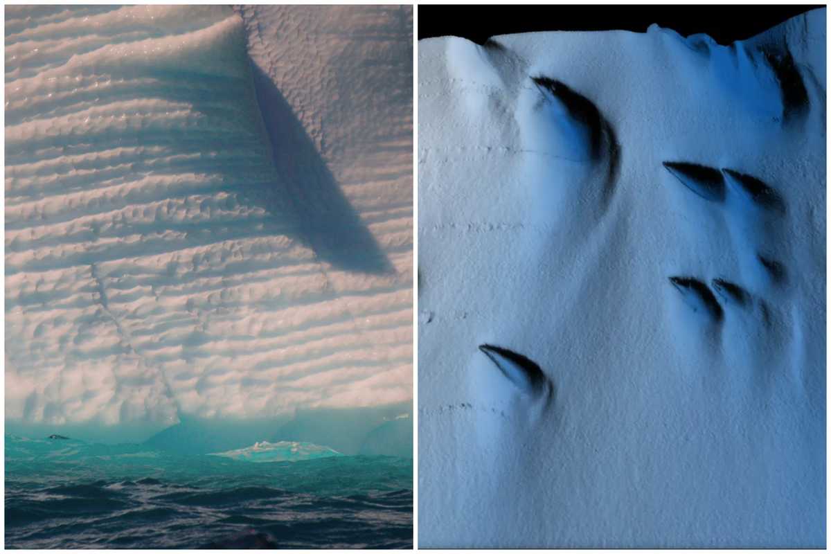 Split image of ice shelf and a visualisation of an area of the Dotson Ice Shelf featuring mussel-shaped ice structures