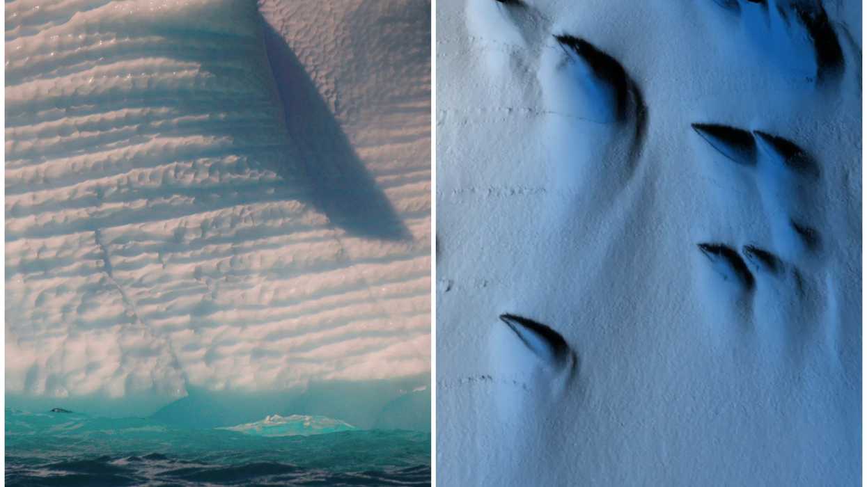 Split image of ice shelf and a visualisation of an area of the Dotson Ice Shelf featuring mussel-shaped ice structures
