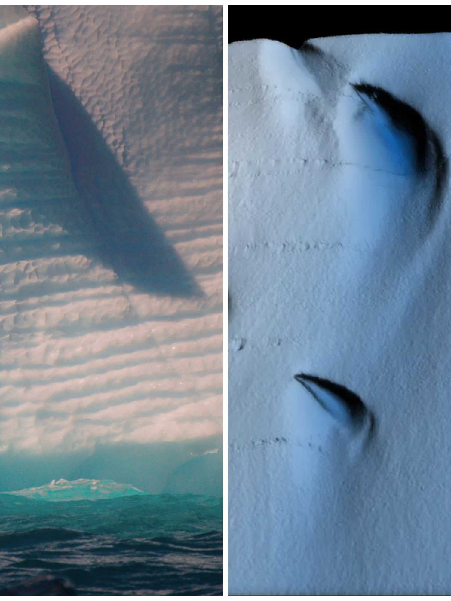Split image of ice shelf and a visualisation of an area of the Dotson Ice Shelf featuring mussel-shaped ice structures