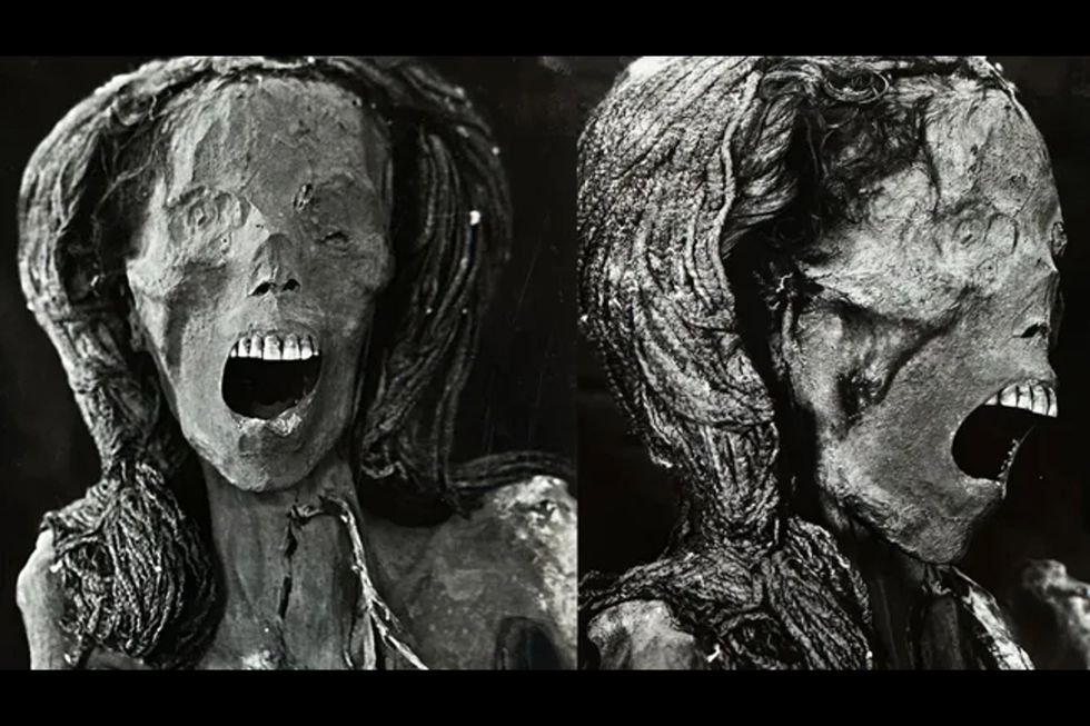 Split image of the Egyptian mummy known as the "screaming woman"
